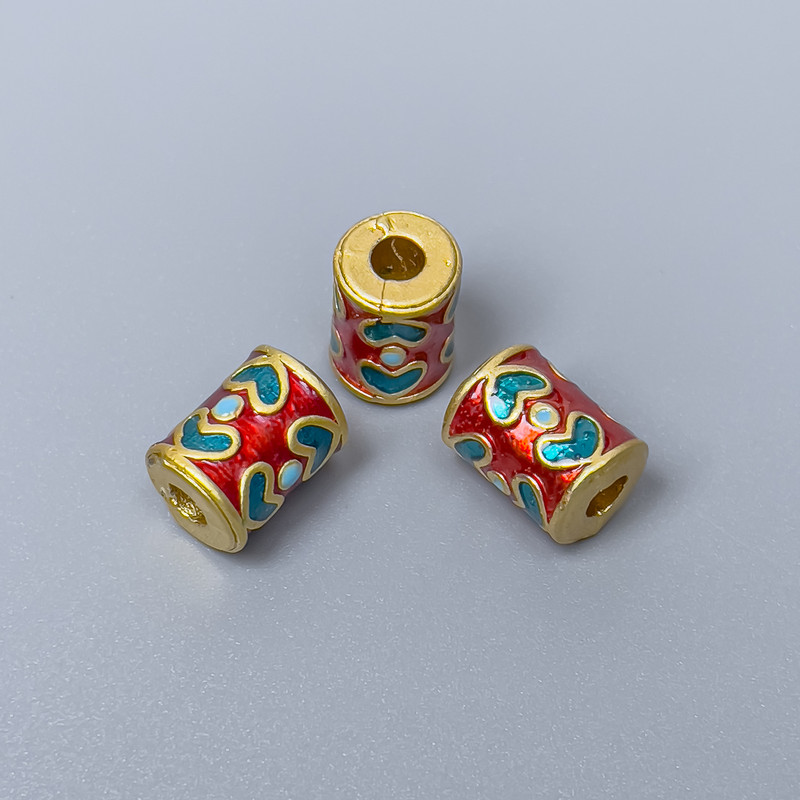 Cloisonné Cylinder Bead Finding, Turquoise Red Enamel, Diameter 8x10mm+- Hole, Diameter 3mm Gold-Tone Metal, 1 pc