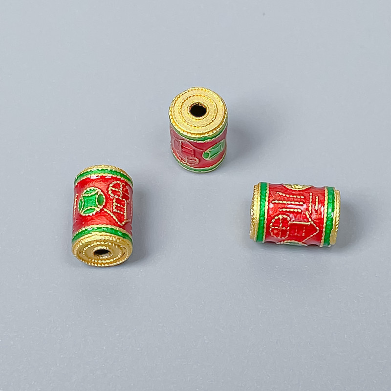 Cloisonné Cylinder Bead Finding, Red Green Enamel, Diameter 6x9mm+- Hole, Diameter 1.5mm Gold-Tone Metal, 1 pc