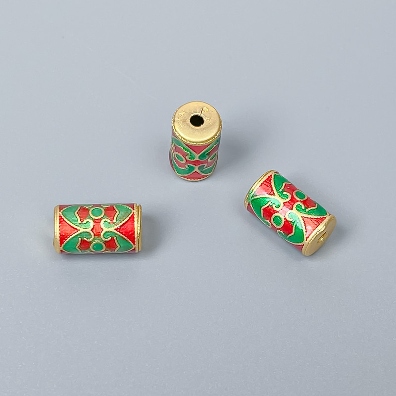 Cloisonné Cylinder Bead Finding, Red Green Enamel, Diameter 6x11mm+- Hole, Diameter 1.8mm Gold-Tone Metal, 1 pc
