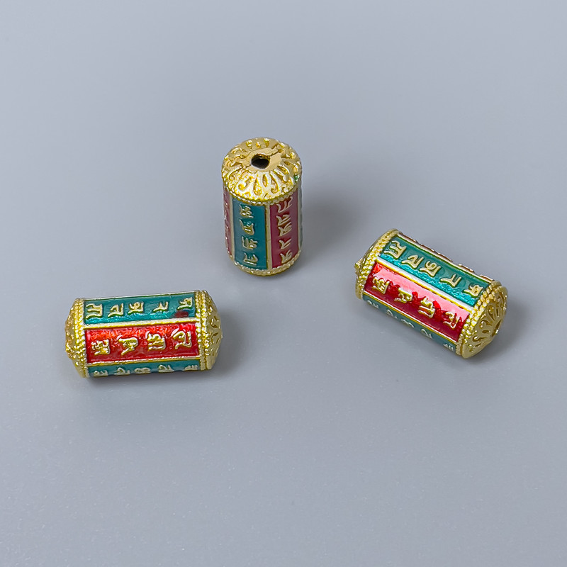 Cloisonné Cylinder Bead Finding, Green Red Enamel, Diameter 7x14mm+- Hole, Diameter 1.5mm Gold-Tone Metal, 1 pc