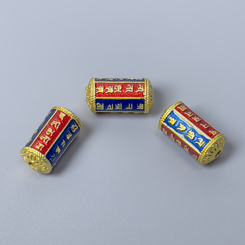 Cloisonné Cylinder Bead Finding, Blue Red Enamel, Diameter 7x14mm+- Hole, Diameter 1.5mm Gold-Tone Metal, 1 pc