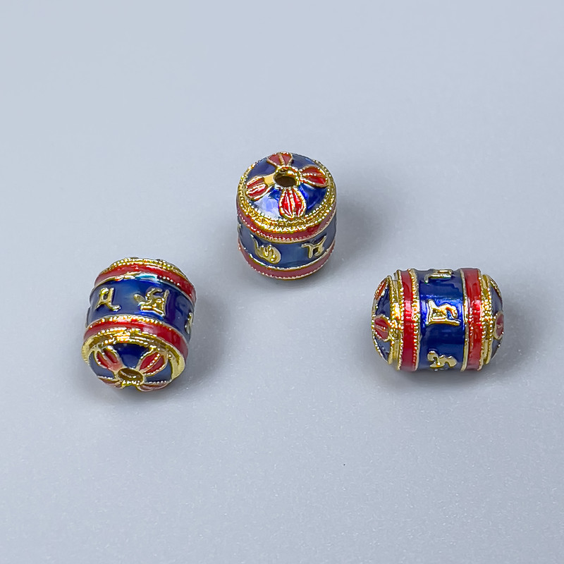 Cloisonné Cylinder Bead Finding, Blue Red Enamel, Diameter 8x10mm+- Hole, Diameter 1mm Gold-Tone Metal, 1 pc