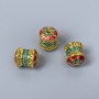 Cloisonné Bead Cylinder Green-Red Enamel, 8x10mm Ø Hole 1.8mm, Gold-Coloured Metal Finish, 1 pc