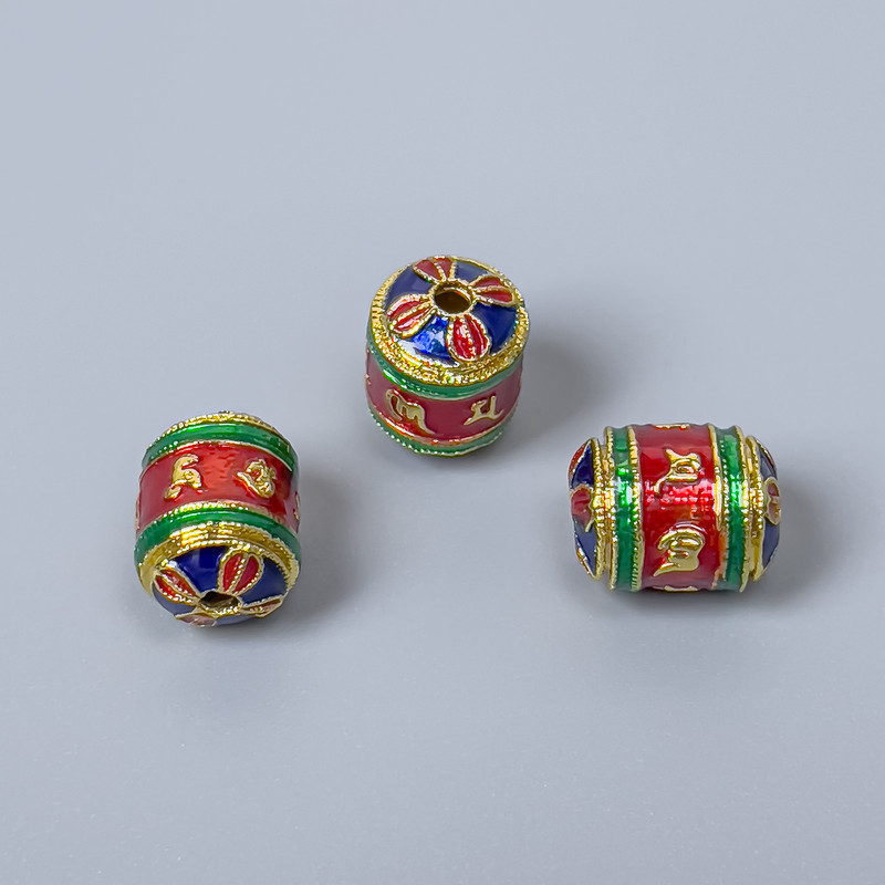 Cloisonné Bead, Cylindrical, Blue Red Green Enamel, diameter 8×10mm ±, hole diameter 1mm, gold-toned metal