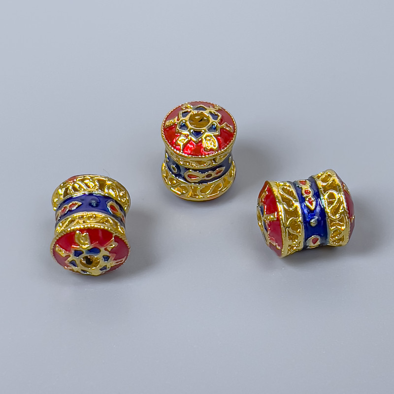 Cloisonné Bead Finding, Cylinder, Blue and Red Enamel, Diameter 8x10mm +/- Hole Diameter 1.8mm, Gold-Tone Metal, 1pc