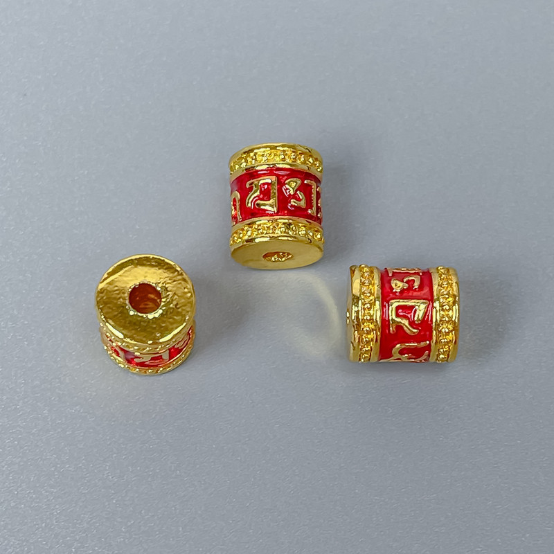 Cloisonné Bead Finding, Cylinder, Red Enamel, Diameter 8x10mm +/- Hole Diameter 1.8mm, Gold-Tone Metal, 1pc