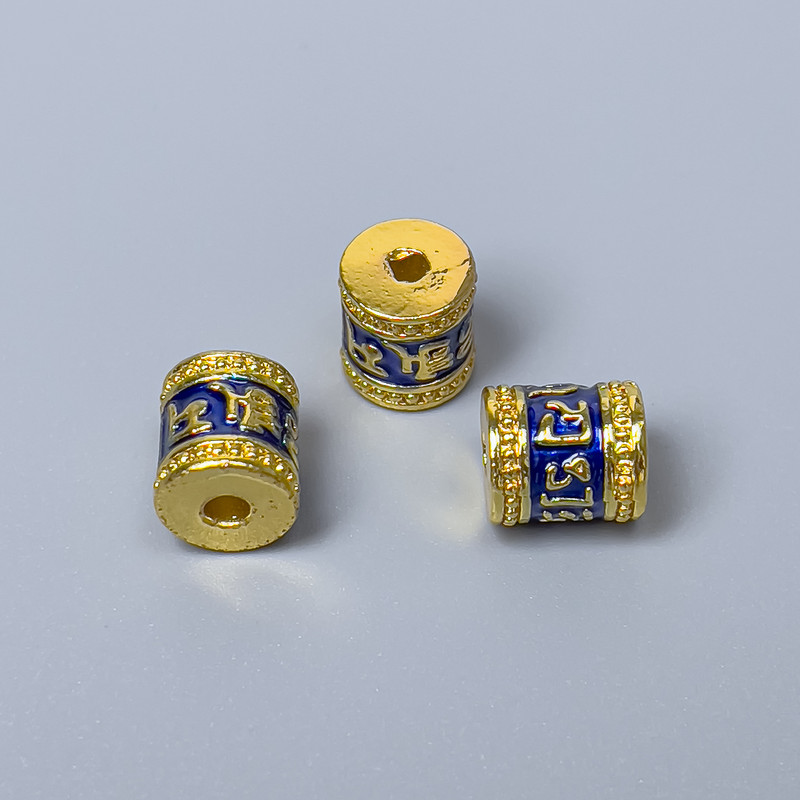 Cloisonné Bead Finding, Cylinder, Blue Enamel, Diameter 8x10mm +/- Hole Diameter 1.8mm, Gold-Tone Metal, 1pc