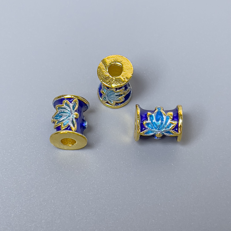 Cloisonné Bead Finding, Cylinder Lotus, Blue and Light Blue Enamel, Diameter 7x9mm +/- Hole Diameter 2.5mm, Gold-Tone Metal, 1pc