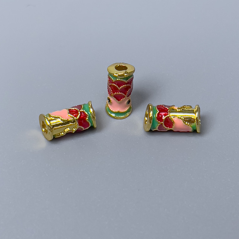 Cloisonné Bead Finding, Cylinder Fish, Pink, Red and Green Enamel, Diameter 4x9mm +/- Hole Diameter 2mm, Gold-Tone Metal, 1pc