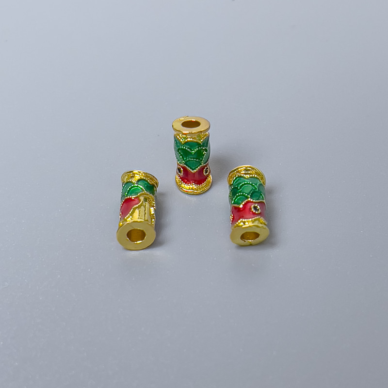 Cloisonné Bead Finding, Cylinder Fish, Red and Green Enamel, Diameter 4x9mm +/- Hole Diameter 2mm, Gold-Tone Metal, 1pc