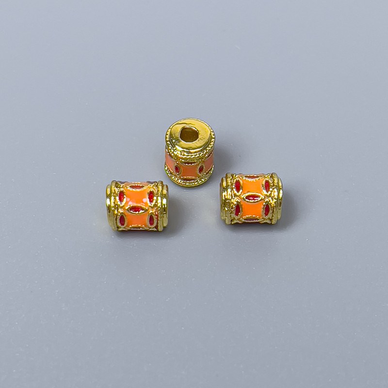 Cloisonné Bead Finding, Cylinder, Orange and Red Enamel, Diameter 5x6mm +/- Hole Diameter 1.5mm, Gold-Tone Metal, 1pc