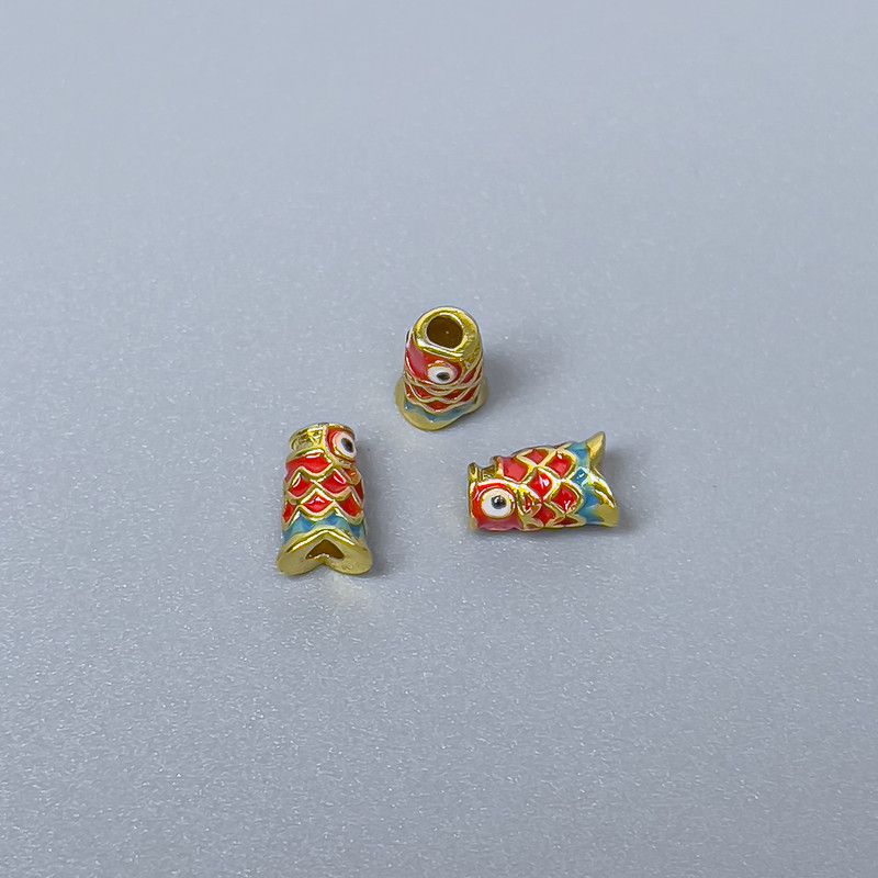 Cloisonné Bead Finding, Cylinder Fish, Red and Green Enamel, Diameter 4x7mm +/- Hole Diameter 1.5mm, Gold-Tone Metal, 1pc