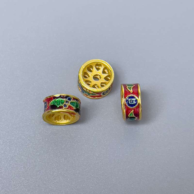 Cloisonné Bead Finding, Rondelle, Red, Green and Blue Enamel, Diameter 8x4mm +/- Hole Diameter 1mm, Gold-Tone Metal, 1pc