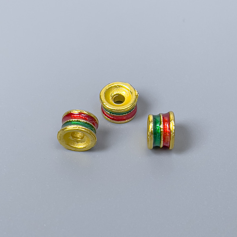 Cloisonné Bead Finding, Rondelle, Red and Green Enamel, Diameter 6x4mm +/- Hole Diameter 2mm, Gold-Tone Metal, 1pc