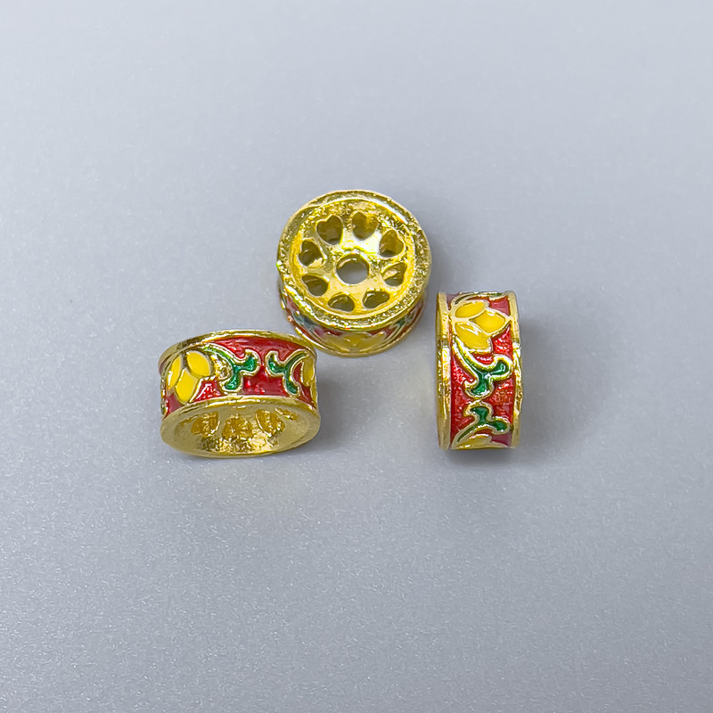 Cloisonné Bead Finding, Rondelle, Red, Yellow and Green Enamel, Diameter 10x5mm +/- Hole Diameter 2mm, Gold-Tone Metal, 1pc