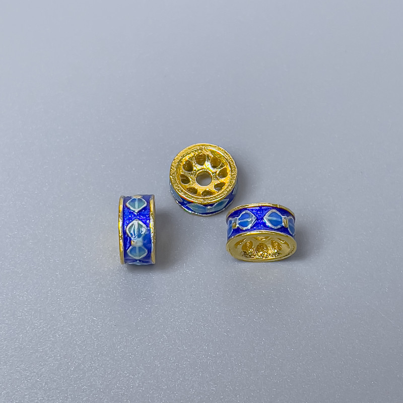Cloisonné Bead Finding, Rondelle, Blue and Light Blue Enamel, Diameter 8x4mm +/- Hole Diameter 1.8mm, Gold-Tone Metal, 1pc
