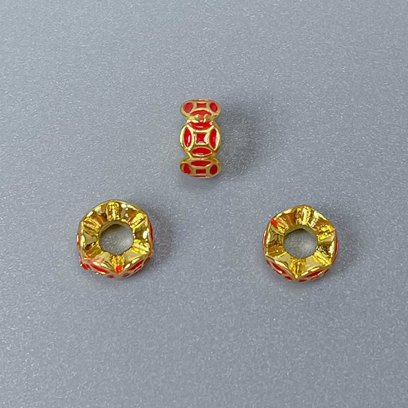Findings Cloisonné Bead Rondelle Red Enamel, Diameter 6x3mm+/- Hole, Diameter 2.8mm Gold-Coloured Metal, 1 pc