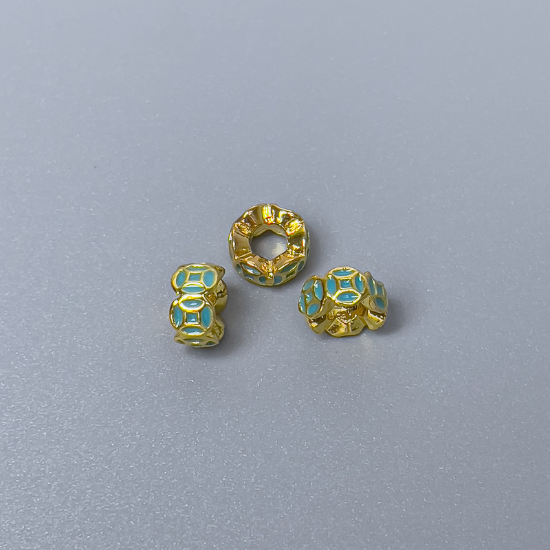 Findings Cloisonné Bead Rondelle Green Enamel, Diameter 6x3mm+/- Hole, Diameter 2.8mm Gold-Coloured Metal, 1 pc