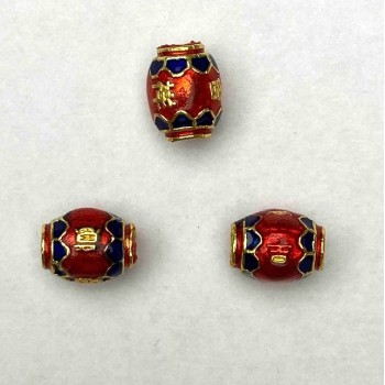 Cloisonné Bead Barroco Barrel Red Blue Enamel, 8x10mm± hole diameter 1.8mm, gold-toned metal