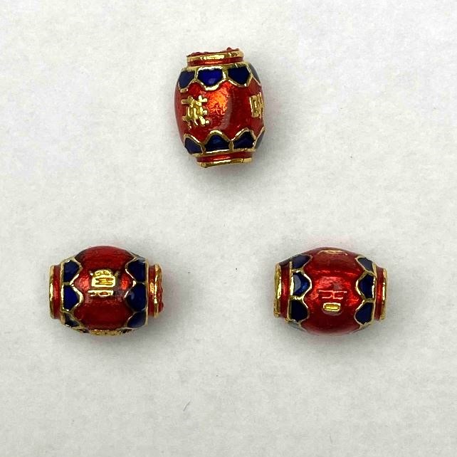 Cloisonné Bead Barroco Barrel Red Blue Enamel, 8x10mm± hole diameter 1.8mm, gold-toned metal