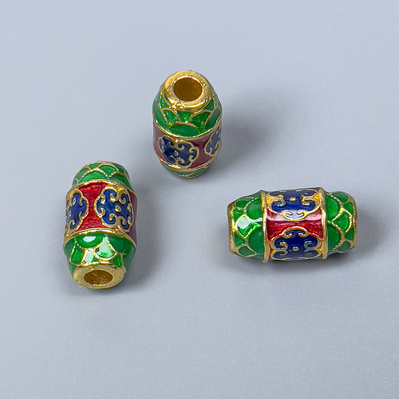Findings Cloisonné Bead Barrel Green Blue Red Enamel, Diameter 8x14mm+/- Hole, Diameter 3mm Gold-Coloured Metal, 1 pc