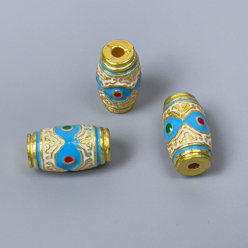 Findings Cloisonné Bead Barrel White Sky Blue Red Enamel, Diameter 8x14mm+/- Hole, Diameter 2mm Gold-Coloured Metal, 1 pc