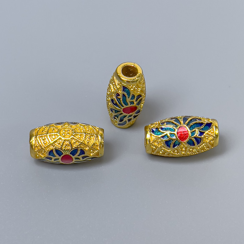 Findings Cloisonné Bead Barrel Blue Red Enamel, Diameter 8x14mm+/- Hole, Diameter 3mm Gold-Coloured Metal, 1 pc