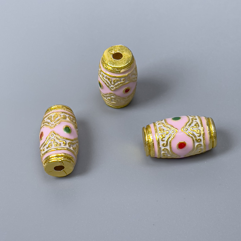 Findings Cloisonné Bead Barrel Pink Green Red Enamel, Diameter 8x14mm+/- Hole, Diameter 2mm Gold-Coloured Metal, 1 pc