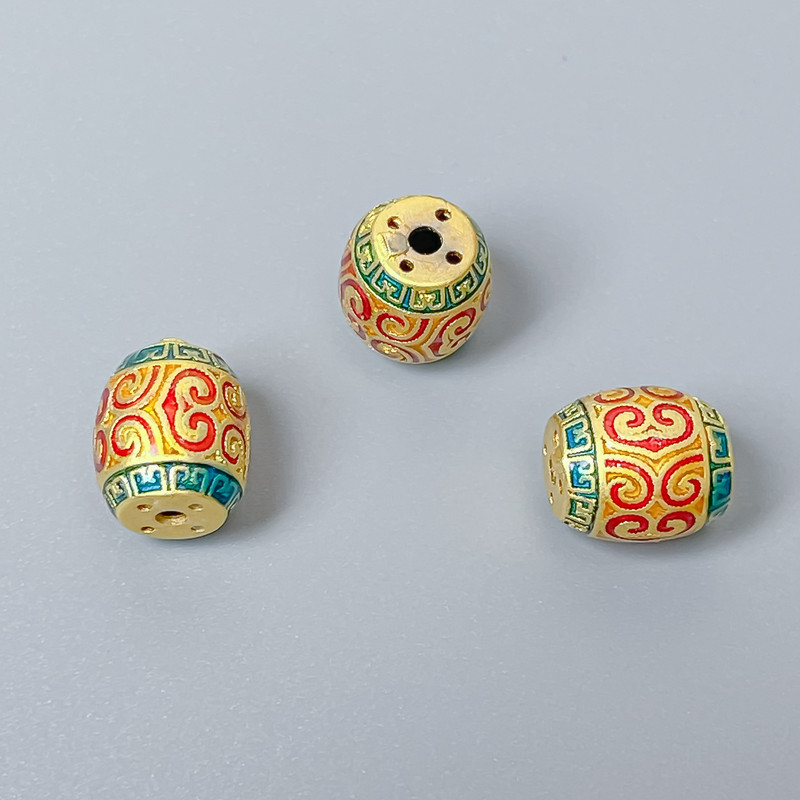 Findings Cloisonné Bead Barrel Red Green Enamel, Diameter 10x9mm+/- Hole, Diameter 1.8mm Gold-Coloured Metal, 1 pc