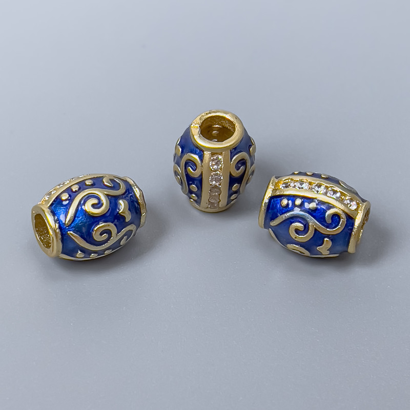 Findings Cloisonné Bead Barrel Blue Enamel White Rhinestones, Diameter 10x8mm+/- Hole, Diameter 3mm Gold-Coloured Metal, 1 pc