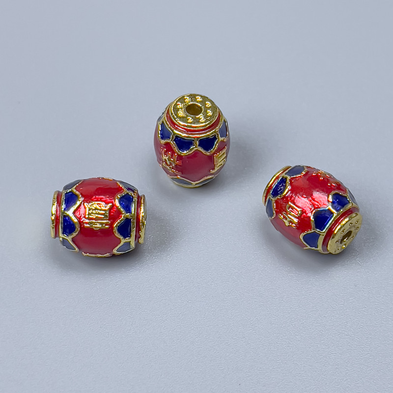 Findings Cloisonné Bead Barrel Red Blue Enamel, Diameter 10x8mm+/- Hole, Diameter 1.8mm Gold-Coloured Metal, 1 pc