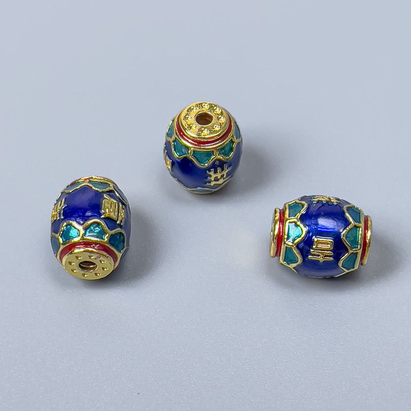 Findings Cloisonné Bead Barrel Blue Green Red Enamel, Diameter 8x10mm+/- Hole, Diameter 1.5mm Gold-Coloured Metal, 1 pc