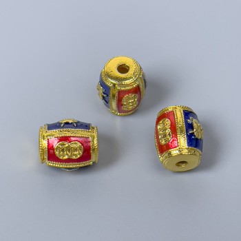Cloisonné Bead Finding, Barrel Red Blue Enamel, Diameter 9x11mm+/- Hole Diameter 1.8mm, Gold-Coloured Metal, 1pc