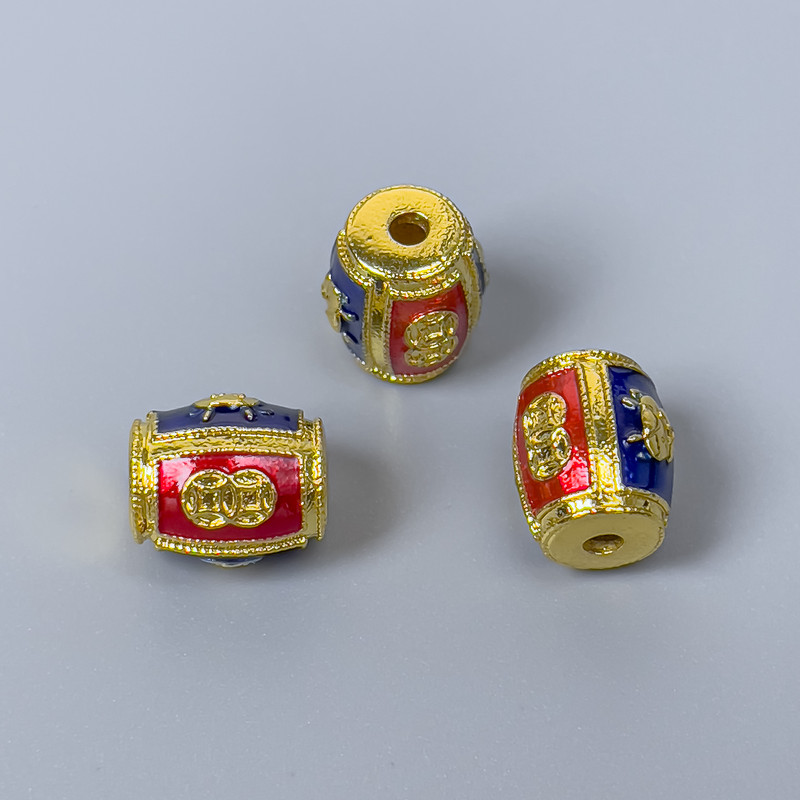 Cloisonné Bead Finding, Barrel Red Blue Enamel, Diameter 9x11mm+/- Hole Diameter 1.8mm, Gold-Coloured Metal, 1pc