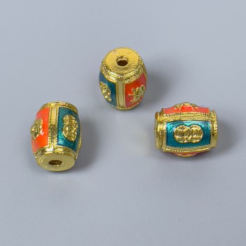 Cloisonné Bead Finding, Barrel Orange Turquoise Enamel, Diameter 9x11mm+/- Hole Diameter 1.8mm, Gold-Coloured Metal, 1pc