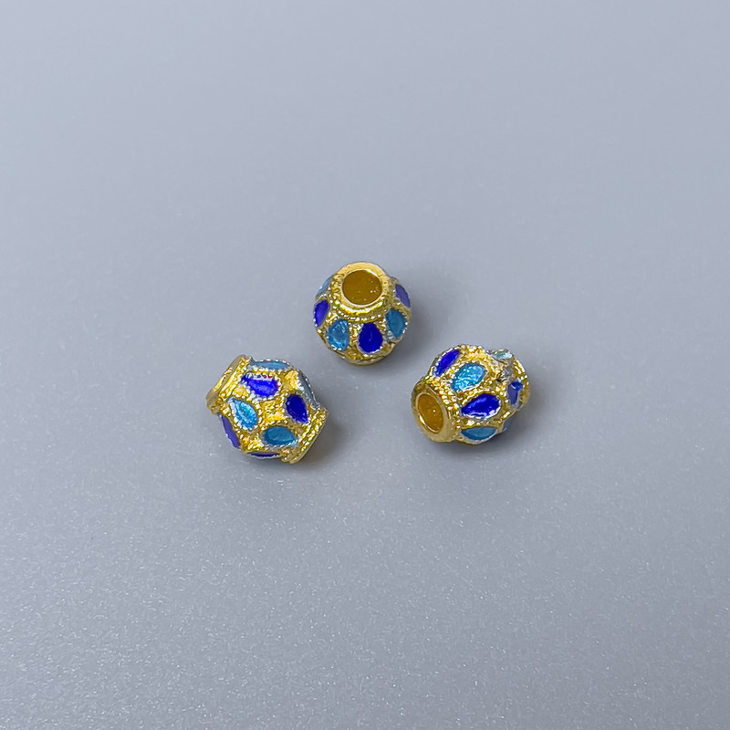 Cloisonné Bead Finding, Blue Sky-Blue Enamel, Diameter 6x7mm+/- Hole Diameter 2.3mm, Gold-Coloured Metal, 1pc
