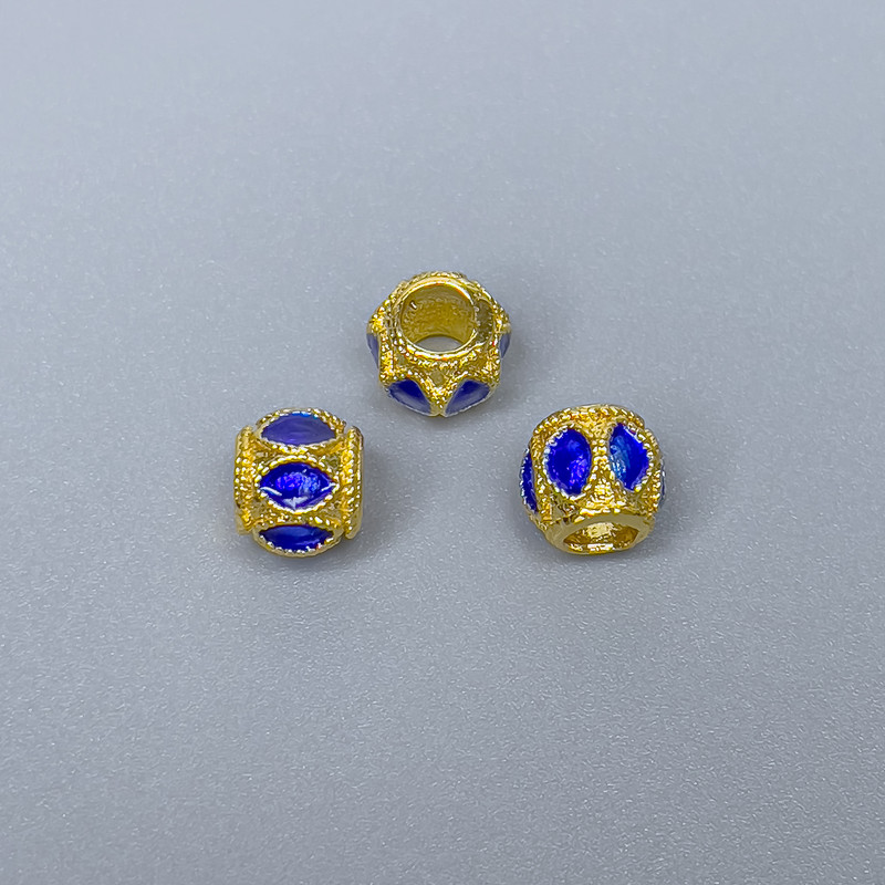 Cloisonné Bead Finding, Blue Enamel, Diameter 6x7mm+/- Hole Diameter 3.5mm, Gold-Coloured Metal, 1pc