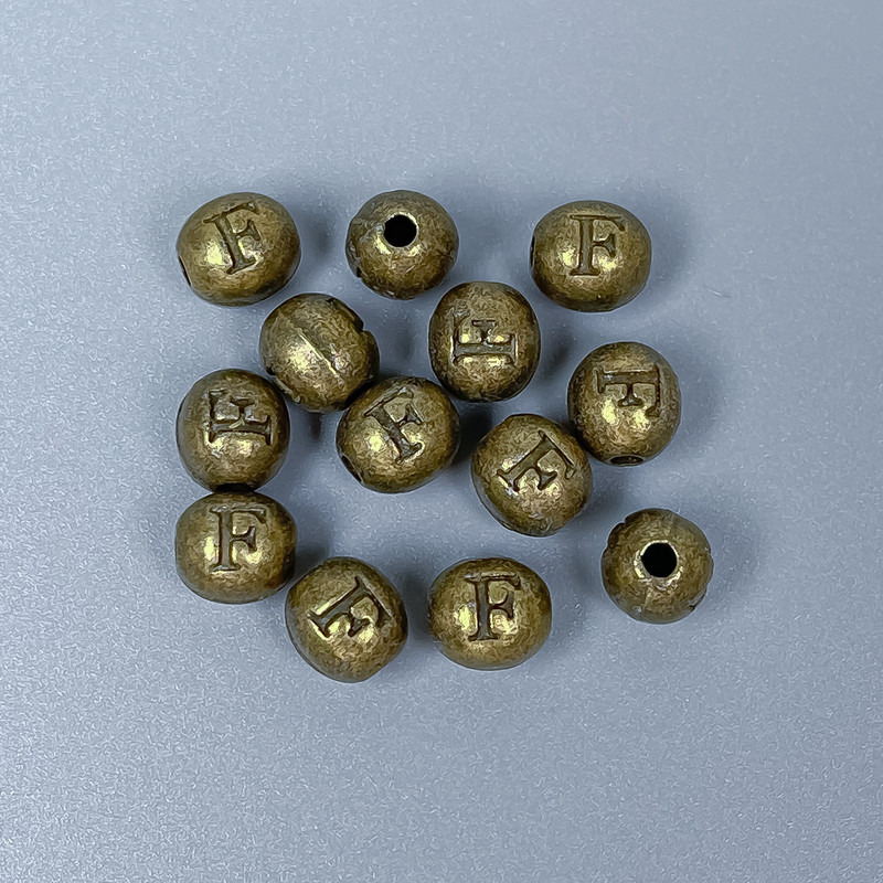 Bead Setting with Lettered Insert "F" in Vintage Bronze Colour, Ø 6x7mm±, hole Ø ~1.8mm, packaged 28 pcs