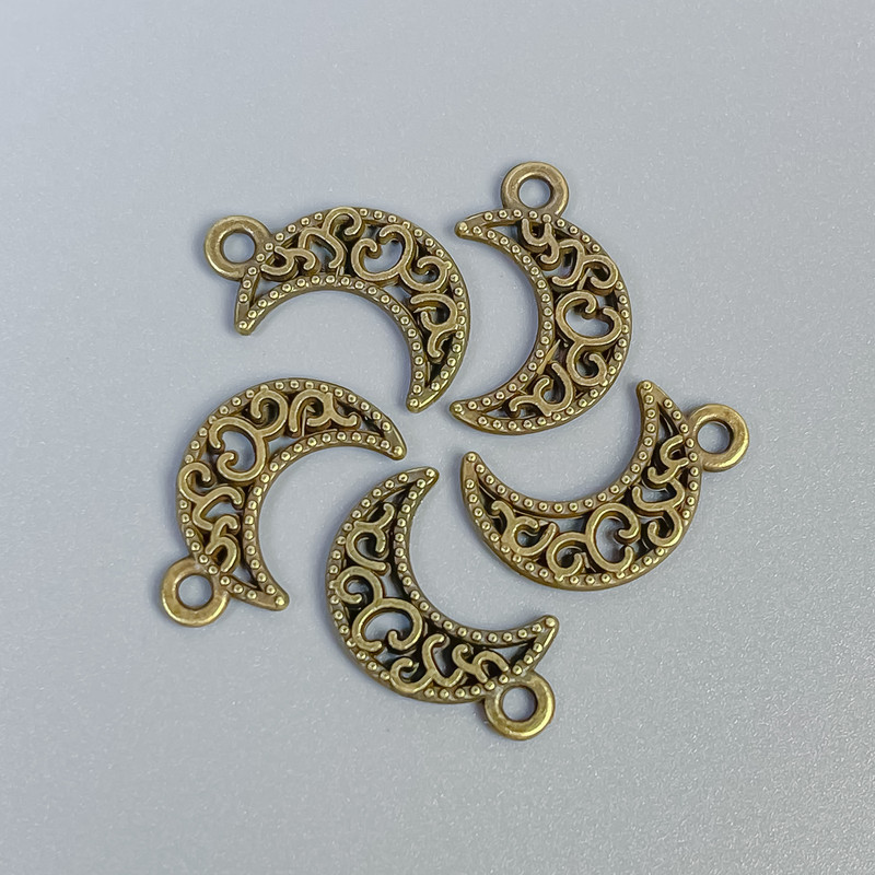 Moon Pendant Findings, Bronze Metal Colour, Size 18x11x1.5mm+/- Hole Diameter 2mm+/-, Pack of 14
