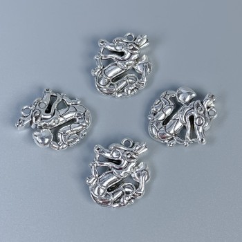 Dragon pendant finding, silver metal colour, size 21x17x7mm+/-, hole diameter 1.2mm+/-, pack of 4 pcs