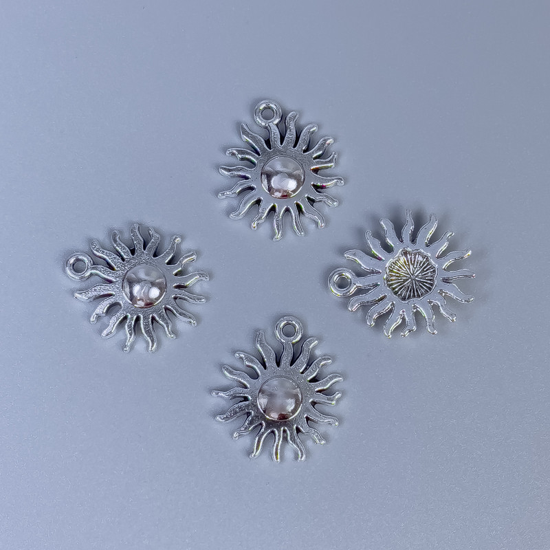 Sun Pendant Finding, Silver Metal Colour, Size 17x15x2.5mm +/-, Hole Diameter 1mm +/-, Pack of 14