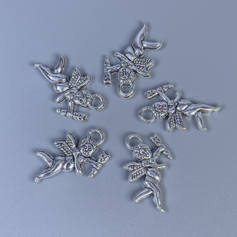 Cupid Pendant Finding, silver-tone metal, size 23x14x3mm +/-, hole diameter 2.5mm +/-, pack 20g (~12 pcs)
