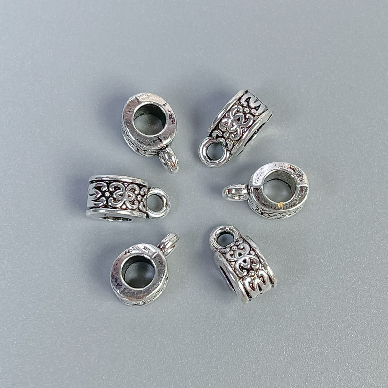 Bail Finding, silver-tone metal, size 10x5x6mm +/-, holes diameter 4mm +/- and 2mm +/-, pack 20g (~28 pcs)