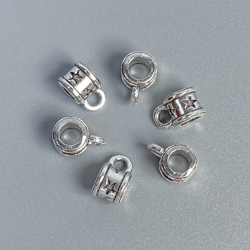 Bail Finding, silver-tone metal, size 8x5x6mm +/-, holes diameter 3mm +/- and 2mm +/-, pack 20g (~54 pcs)