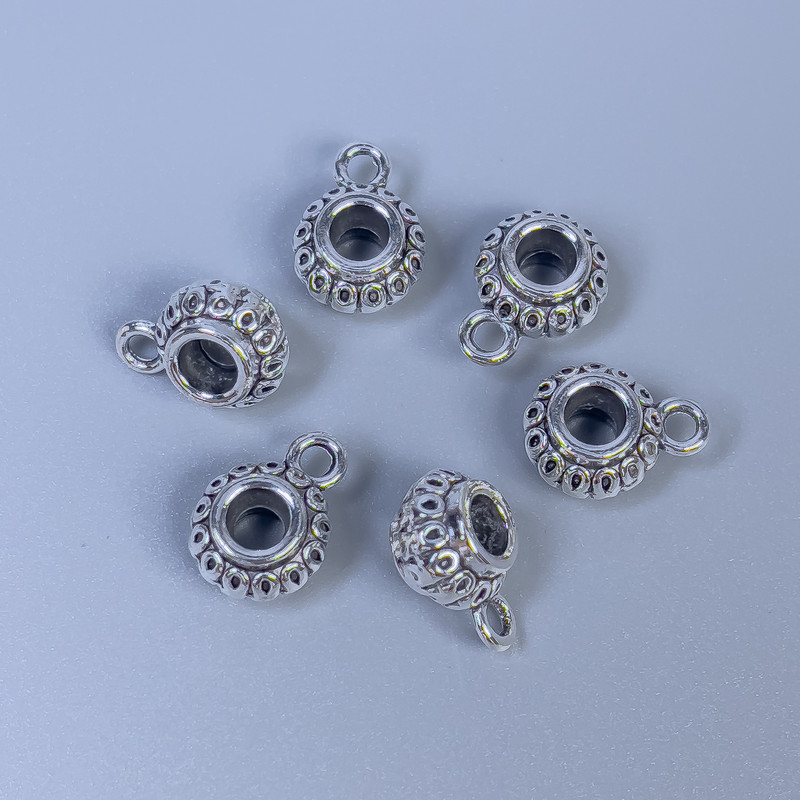 Bail Finding, silver-tone metal, size 11x8x6mm +/-, holes diameter 3.5mm +/- and 2mm +/-, pack 20g (~18 pcs)