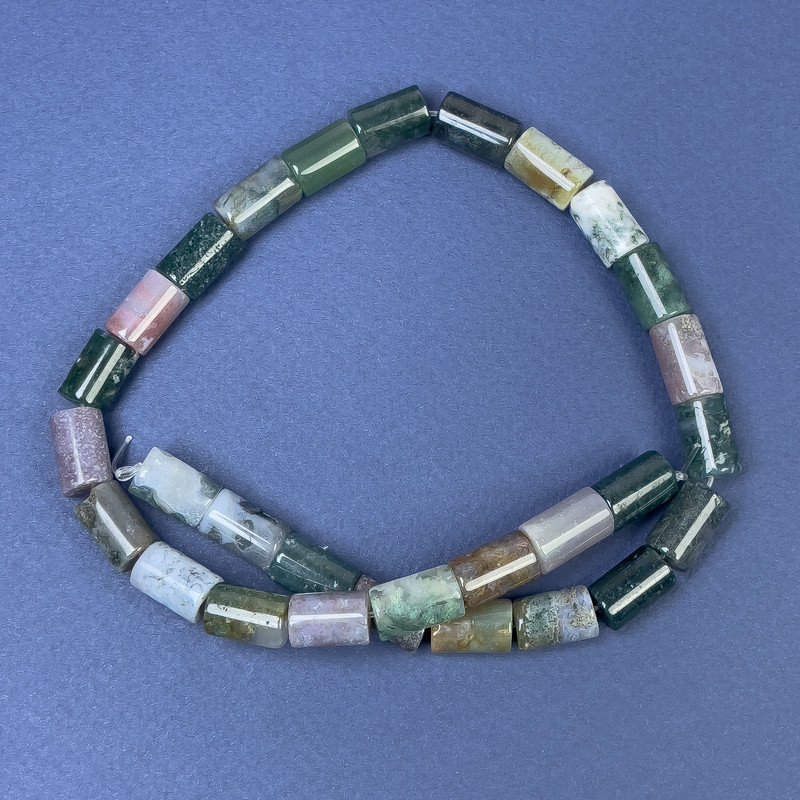 Moss Agate Beads on Fishing Line, Cylinder, Diameter 12x8mm +/-, Length 38cm+