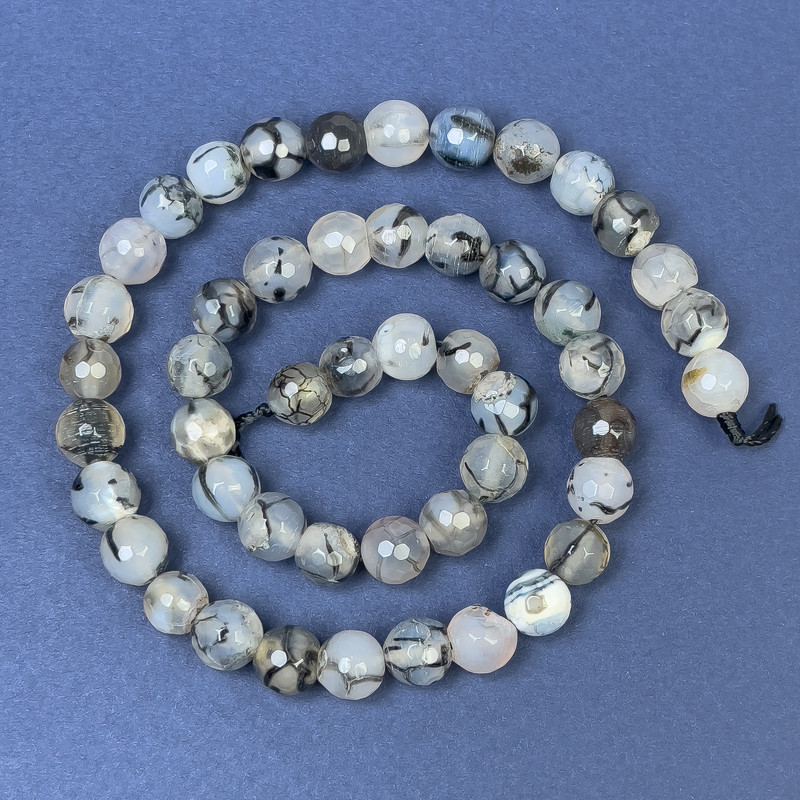 Dragon Vein Agate Beads on Thread, Faceted Round, Diameter 10mm+-, Length 36cm+