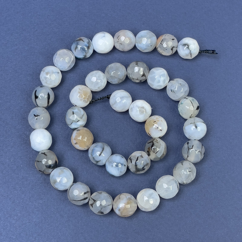 Dragon Vein Agate Beads on Thread, Faceted Round, Diameter 10mm+-, Length 36cm+