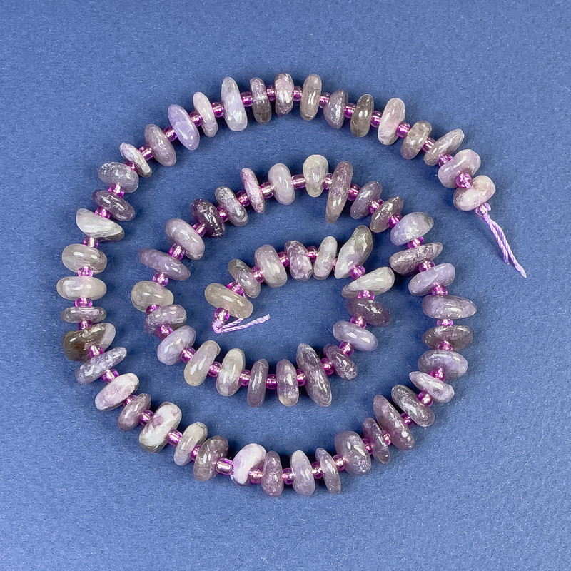 Lepidolite Tumbled Chip Beads 9x4mm+/- with Seed Beads on Thread, Length 38cm+