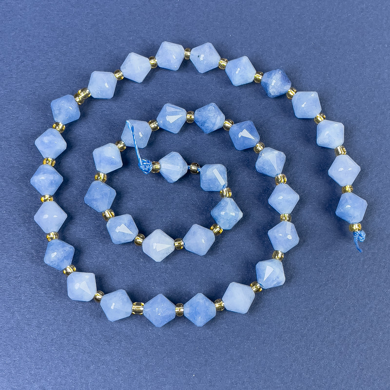 Aquamarine Beads Faceted Rhombus 8x8mm+/- with Seed Beads on String, Length 37cm+